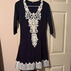 Women's Navy Dress with White Lace Appliqué. Size M